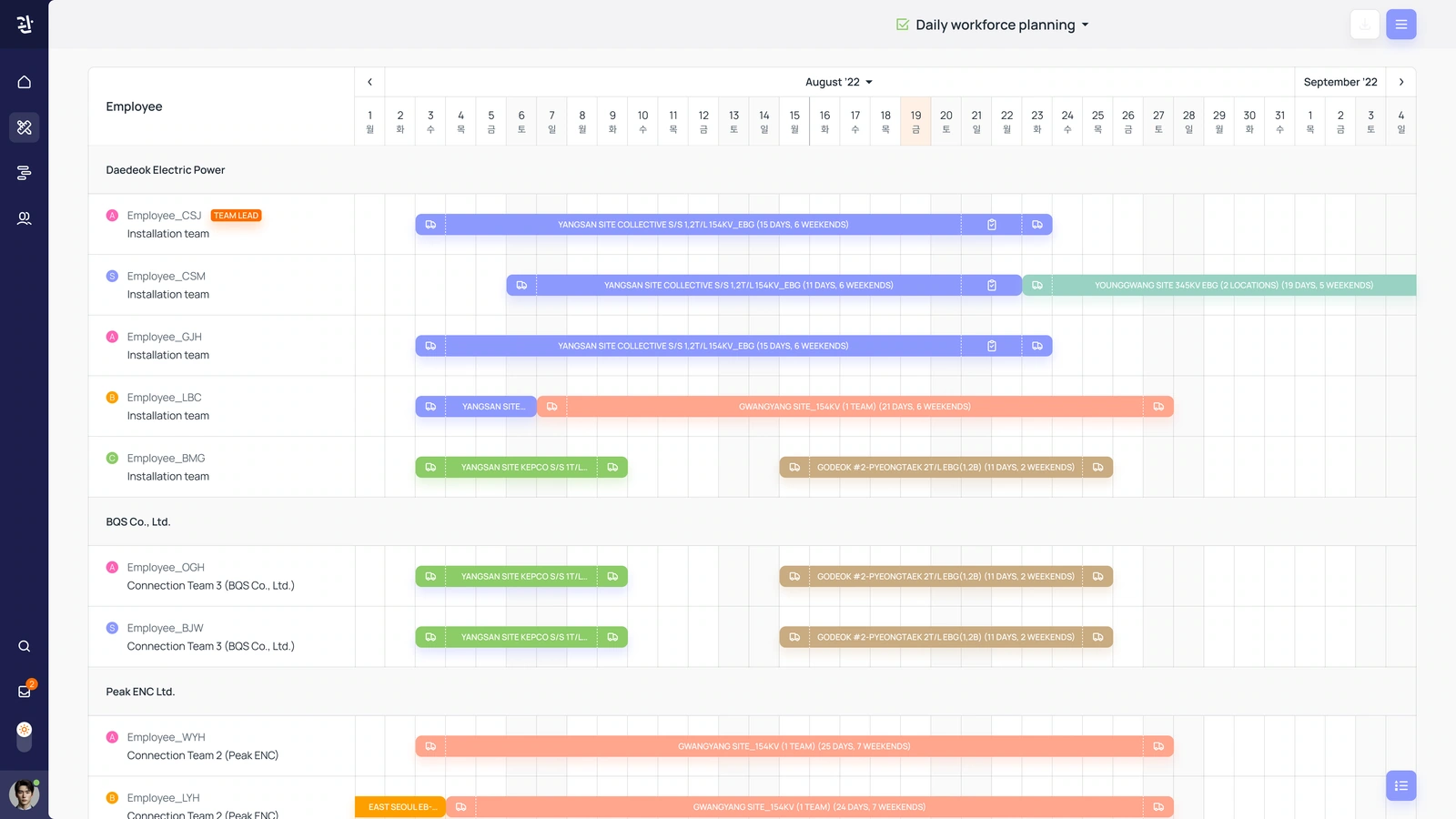 Workforce planning — employee and team rows with dated assignment bars