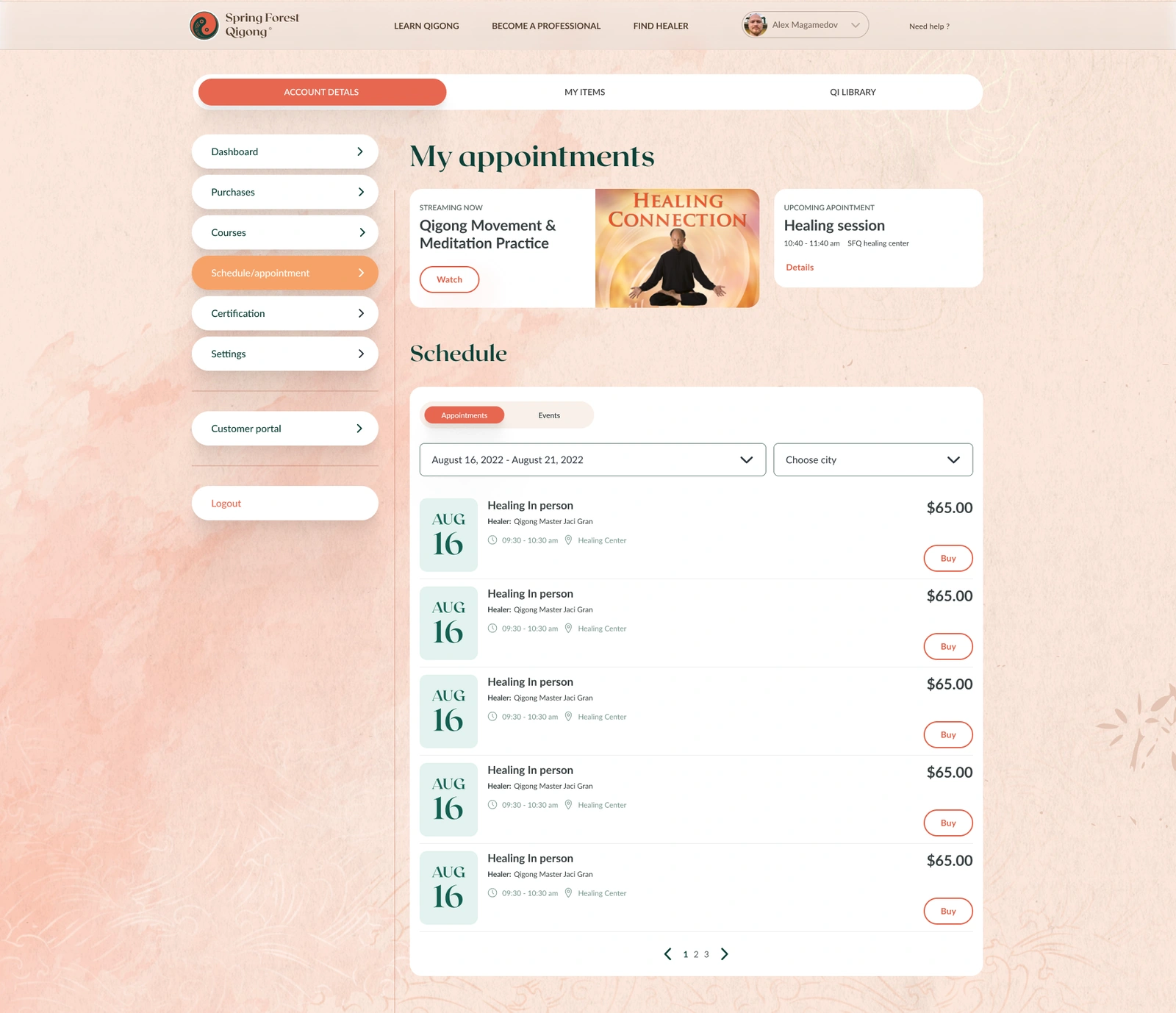 Appointments — live practice, upcoming sessions and a shared schedule