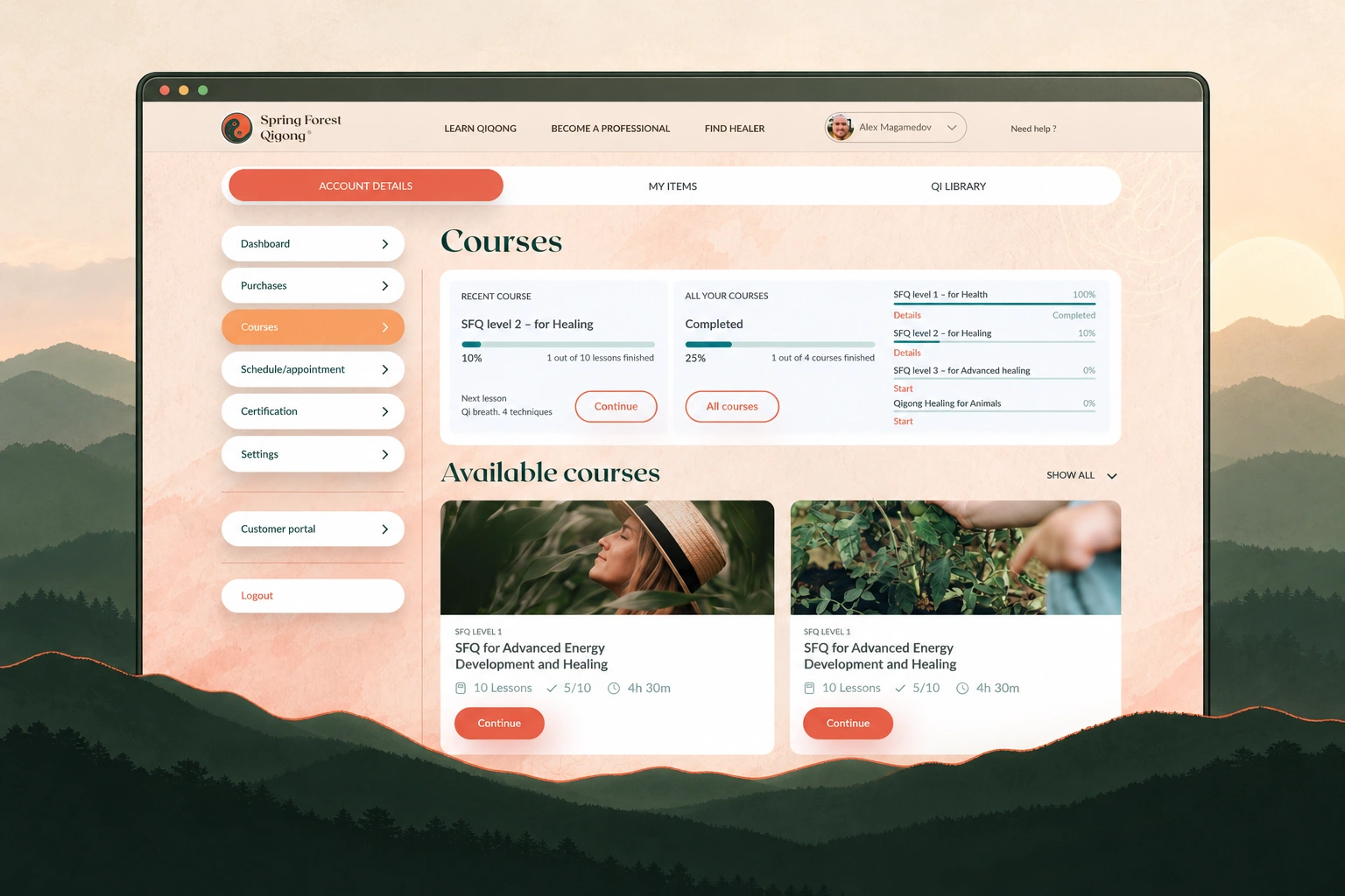 Healing Connection — the peach learning workspace, course progress and visual course library framed by forest-green mountain contours