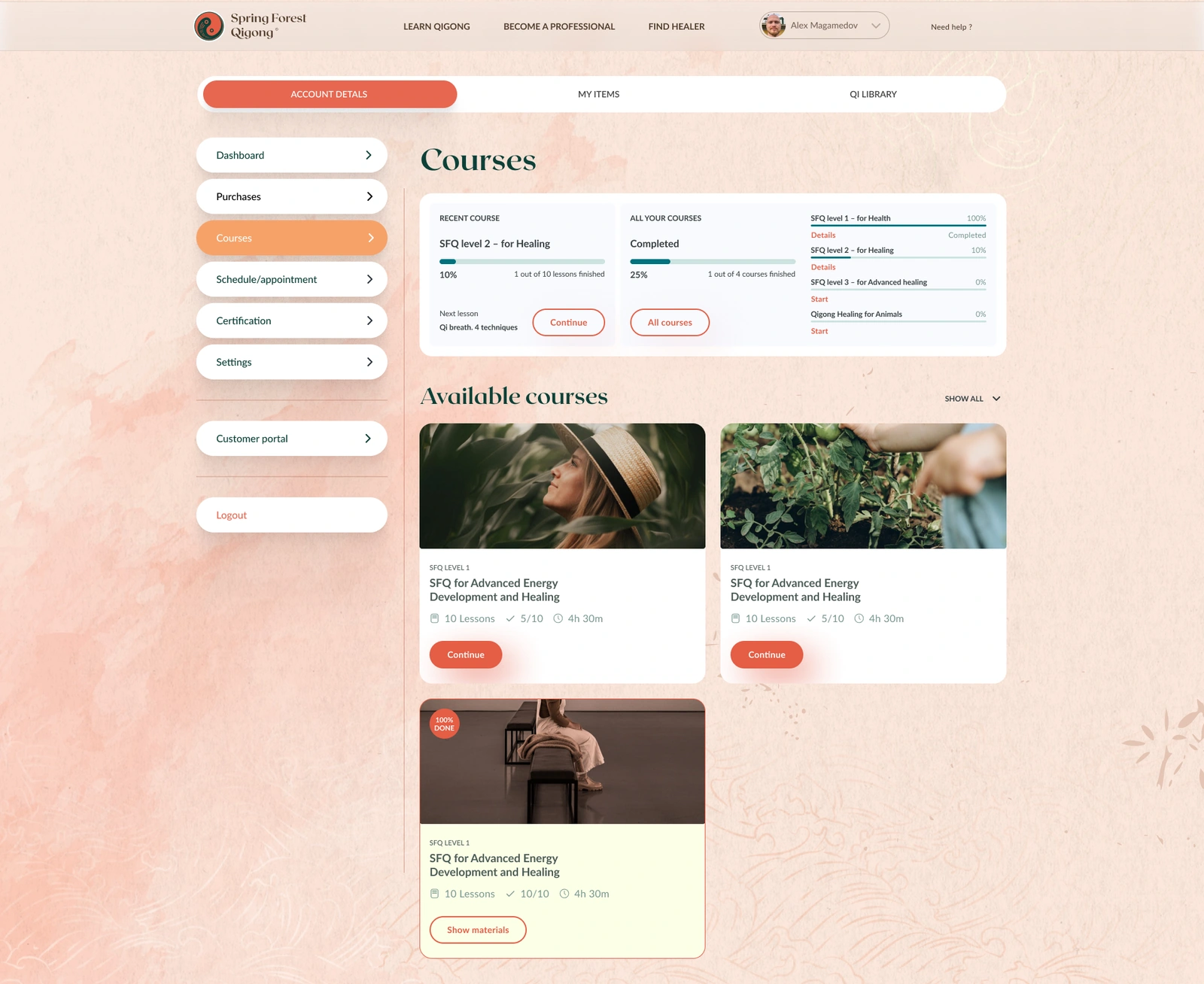 Learning workspace — course progress, next lesson, completed learning and course library