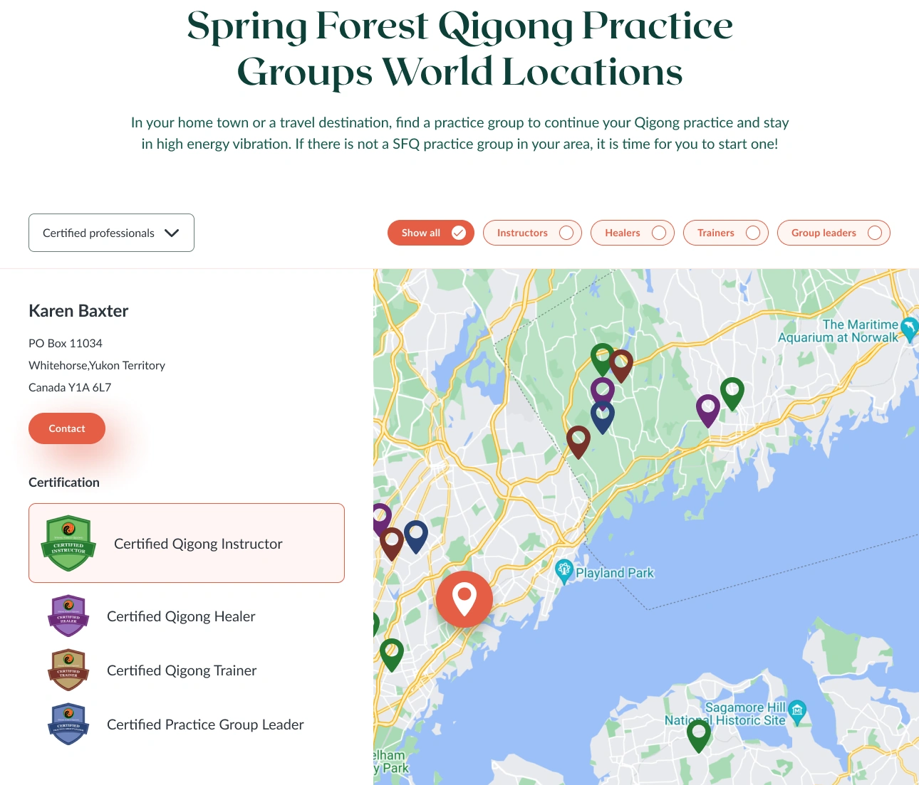 Professional discovery — role filters, selected location, contact and certification details