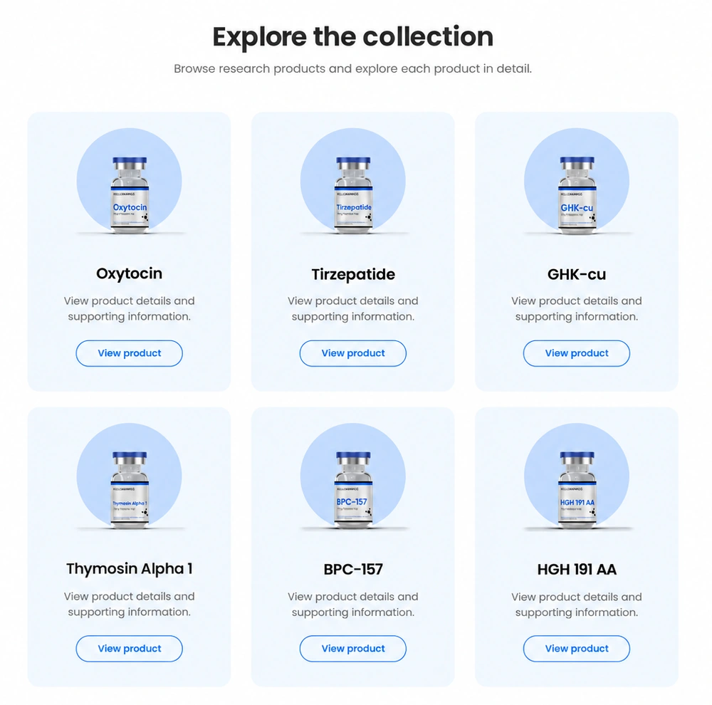 Collection — consistent product cards, distinct vial photography and outlined actions