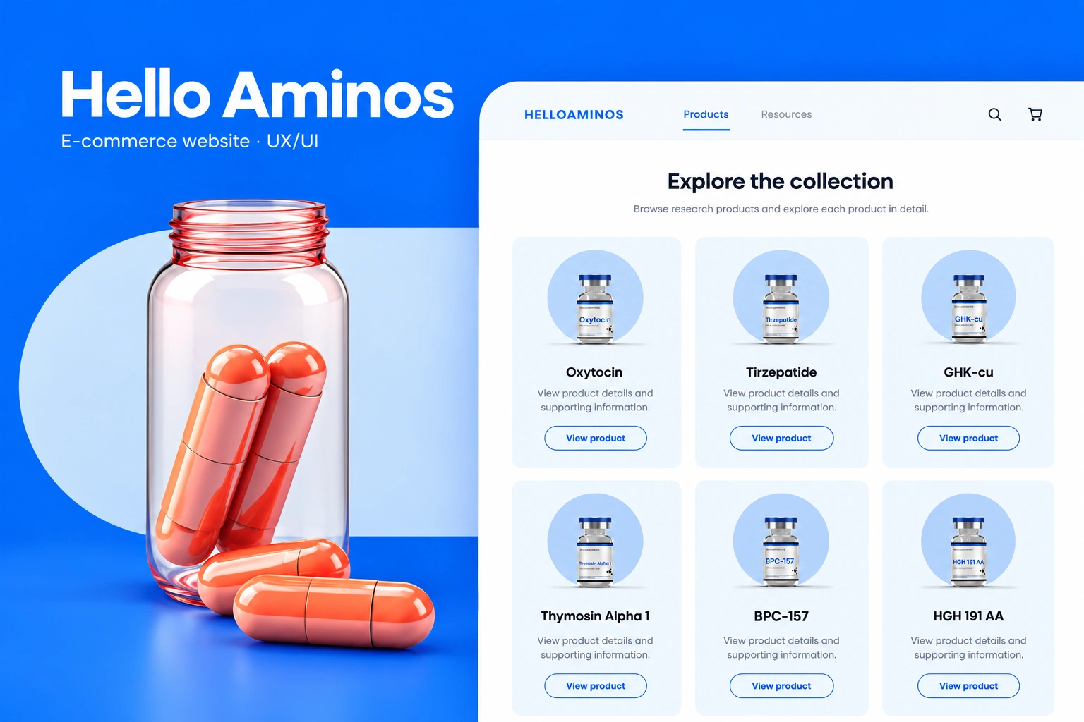 Hello Aminos — e-commerce website UX/UI, with a large product collection and glass-and-capsule brand imagery in a cobalt and ice-blue composition
