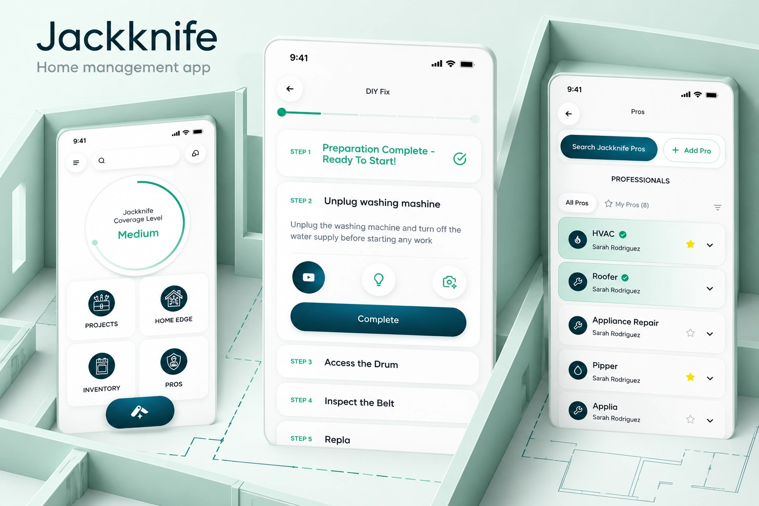 Jackknife — home-management mobile app design, with a prominent DIY instruction panel, a home overview and a professional directory arranged within a pale-mint architectural floor plan