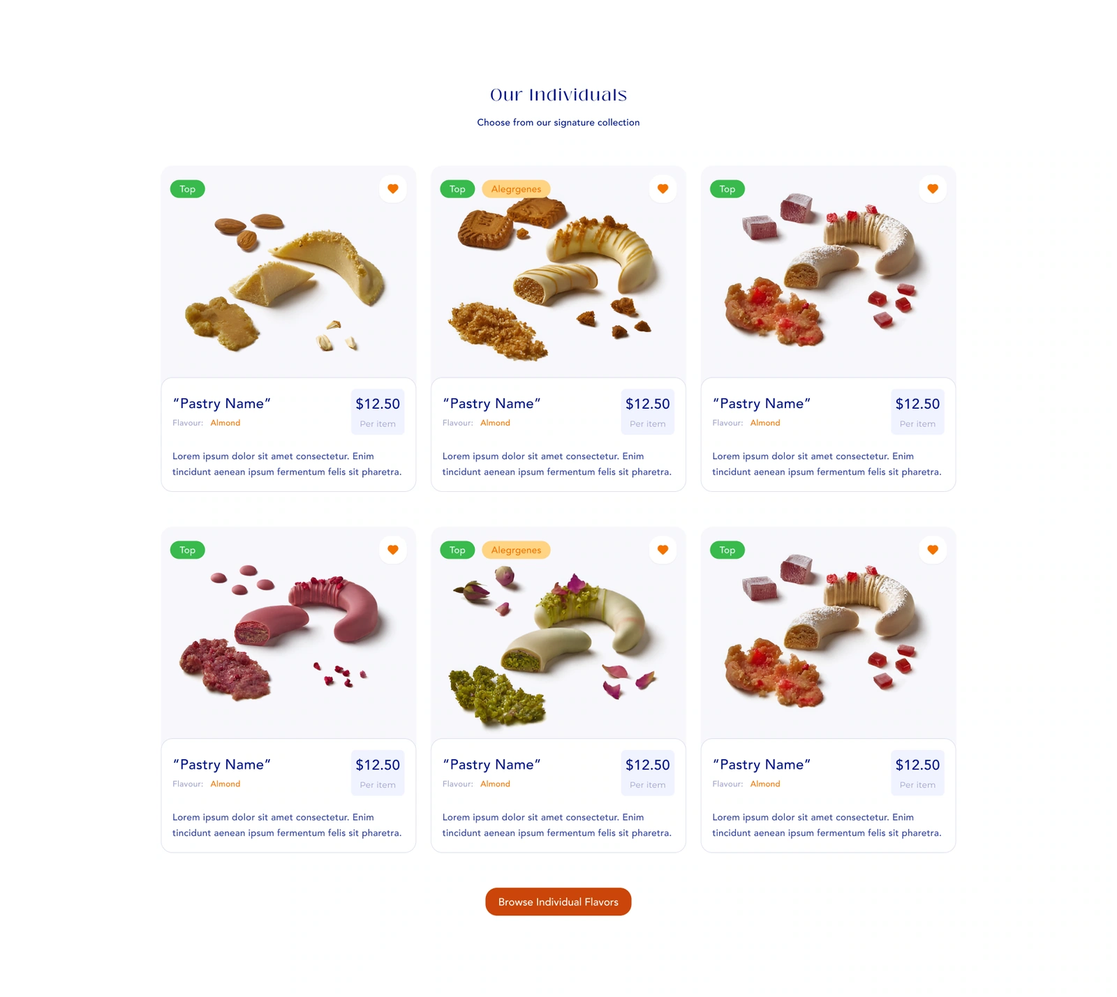 Pastry catalogue — flavour cards, product images, prices and shopping actions