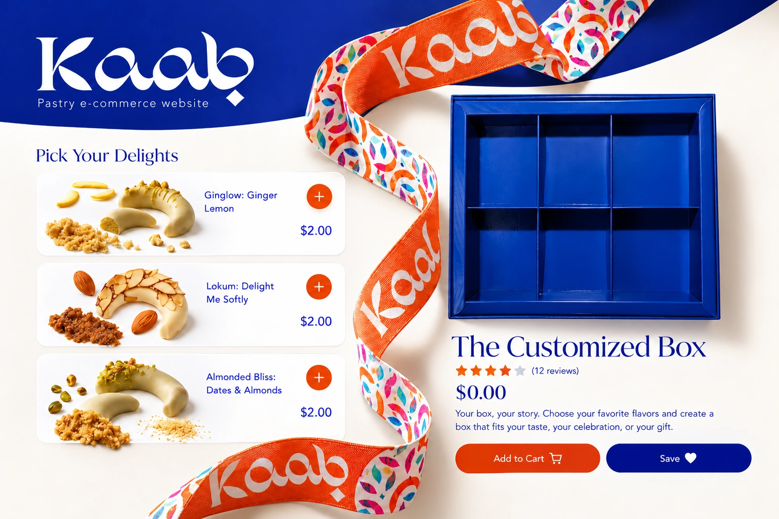Kaab — pastry e-commerce website, with large flavour-selection cards and a blue gift-box builder linked by the brand’s orange patterned ribbon