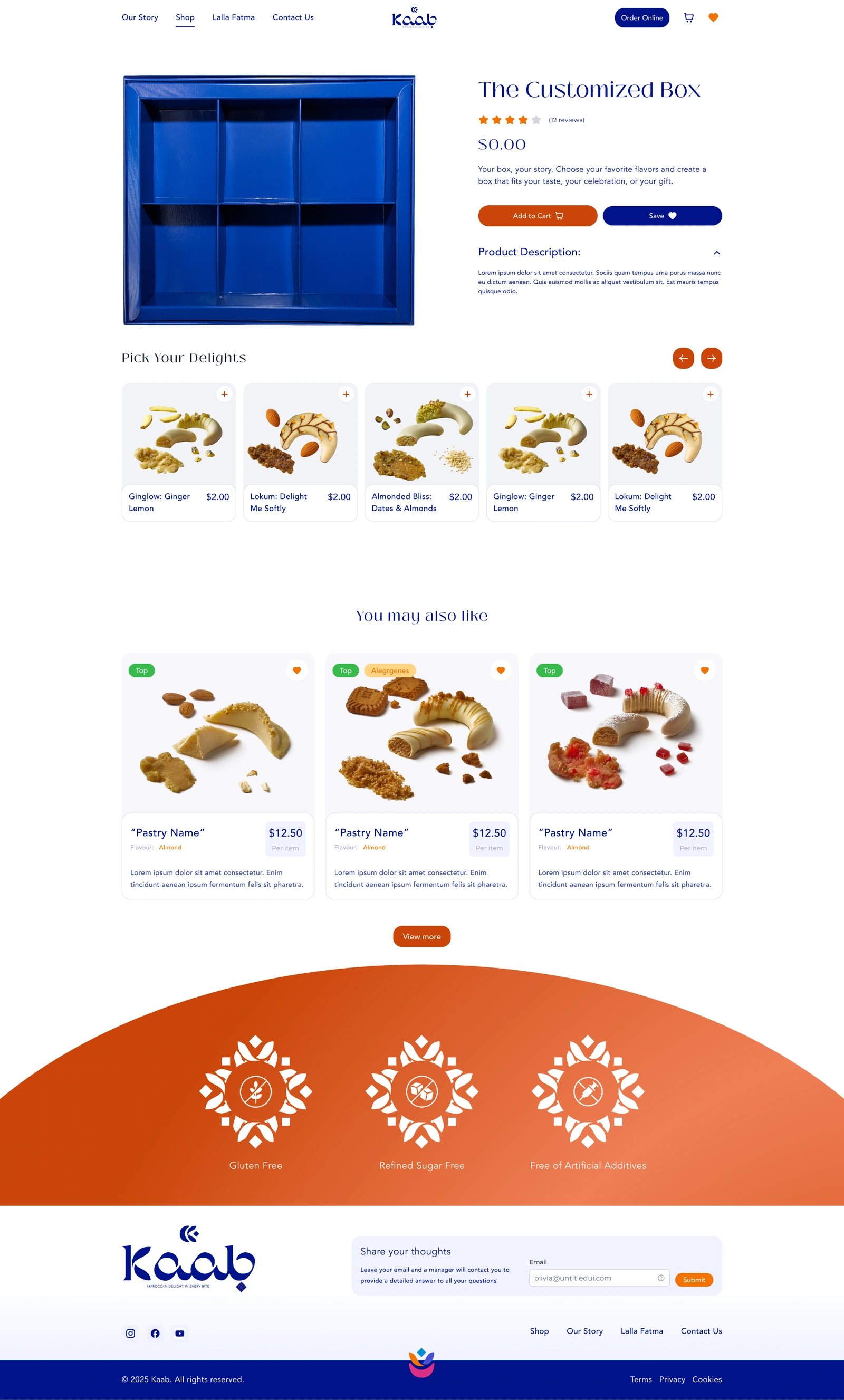 Customised box — six-slot preview, flavour selection and related products