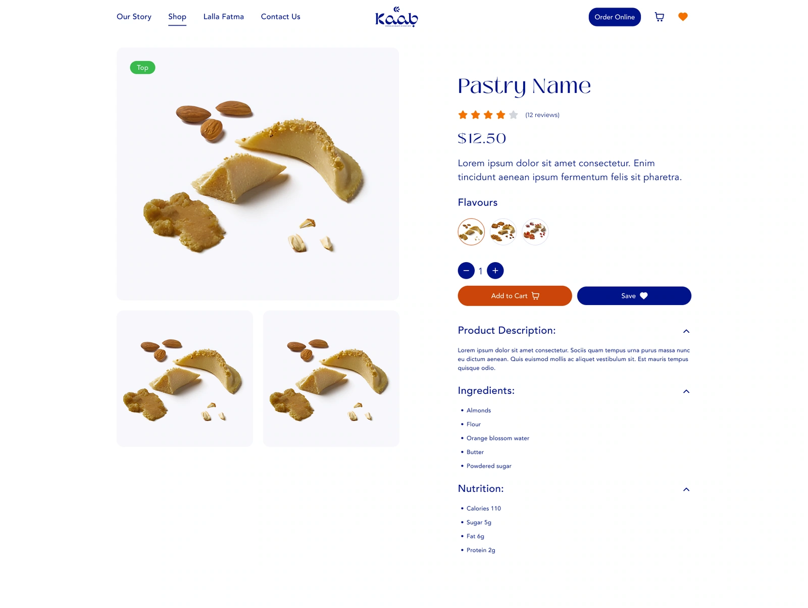 Product detail — photography, flavour choice, quantity and expandable information