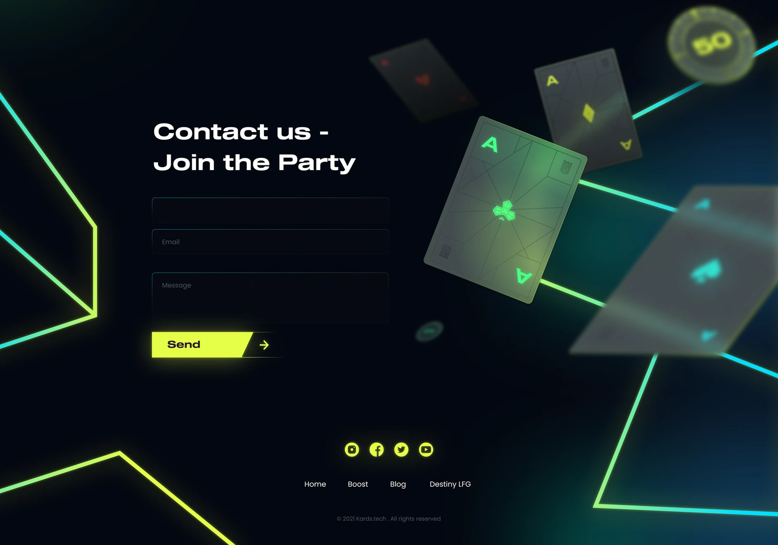 Closing section — contact form framed by cards and neon lines