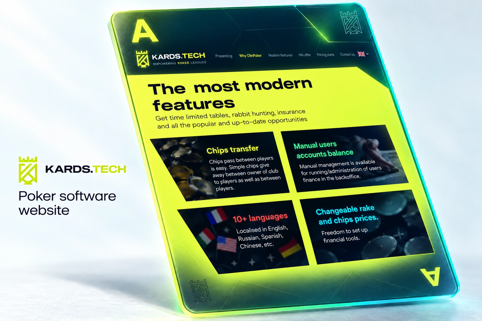 Kards.tech — poker software website, with a large flat website feature section on a bespoke glass Ace card, lime-to-cyan edges and a pale background