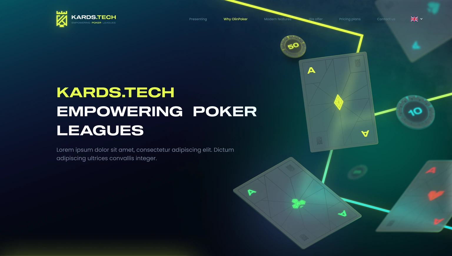 Opening screen — headline, floating cards and neon composition