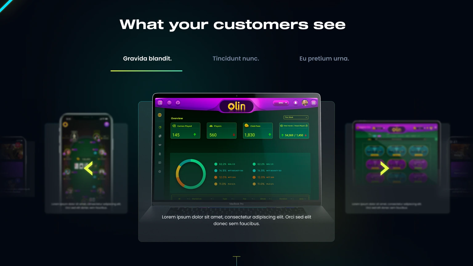 Product presentation — device mockups and supporting navigation
