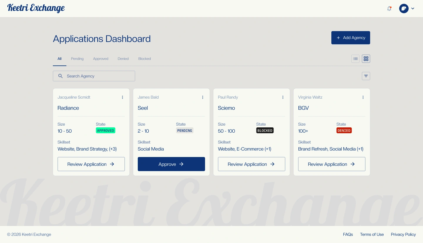 Agency applications — approval states, team size, skillsets and review actions