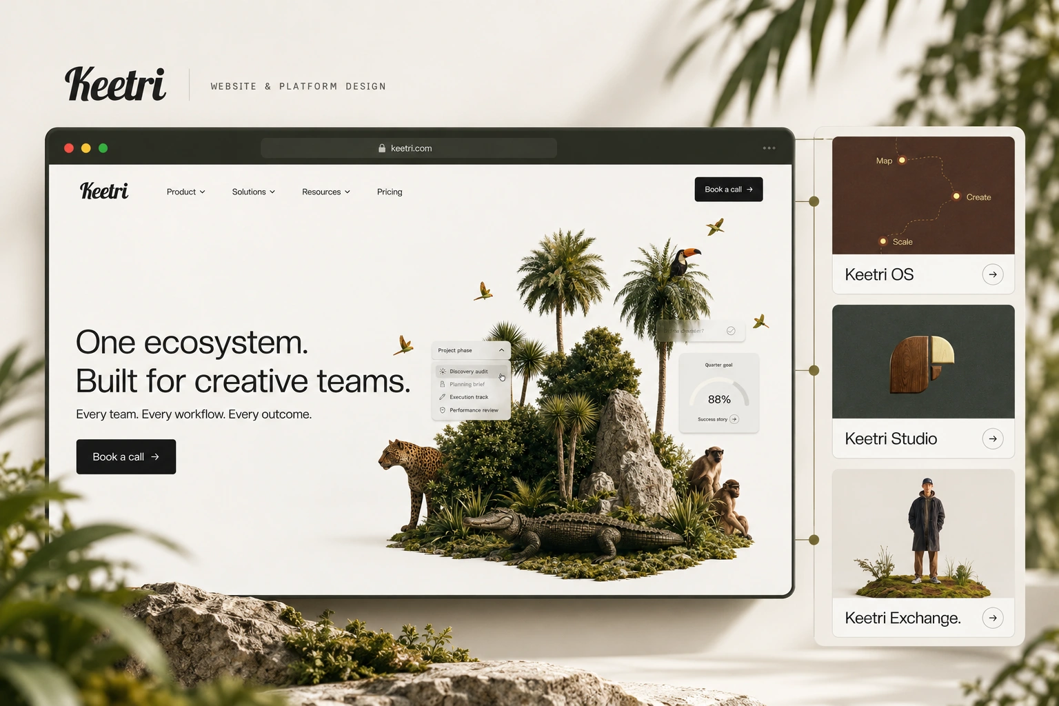 Keetri — website and platform design, with a large botanical website opening connected to OS, Studio and Exchange in an editorial index rail