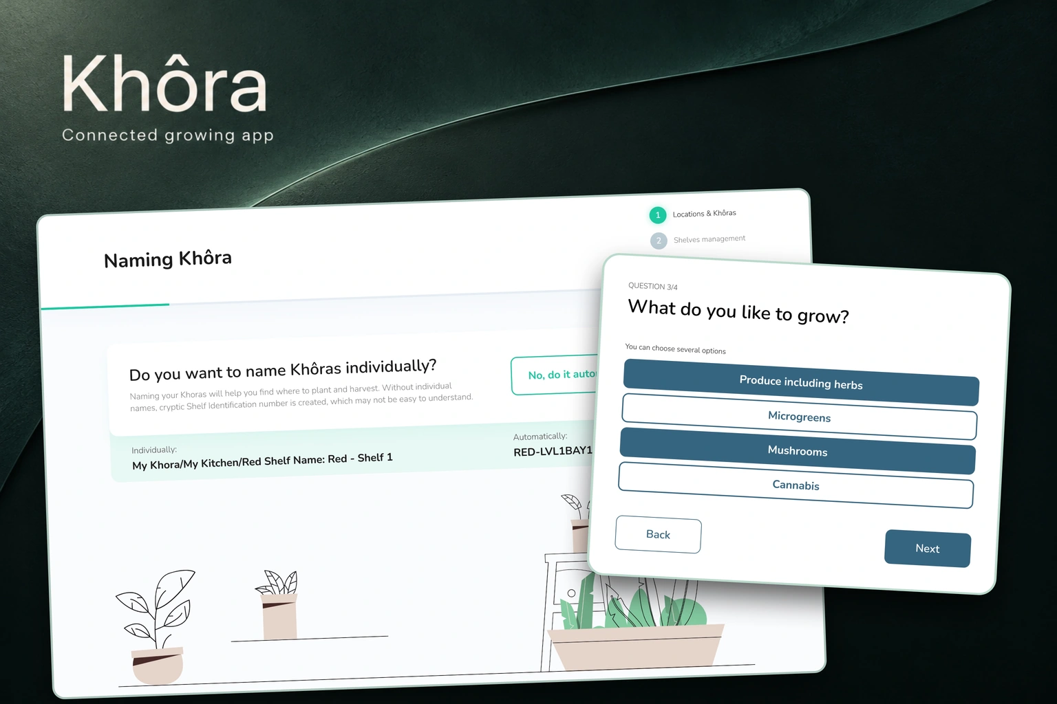 Khôra — indoor growing app, showing crop preferences and the botanical setup interface