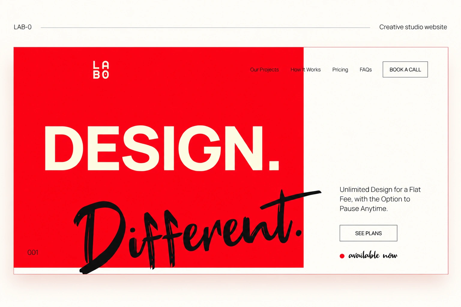 LAB-0 — creative-studio website, with one large red-and-cream opening, oversized Design Different lettering and a clear editorial frame