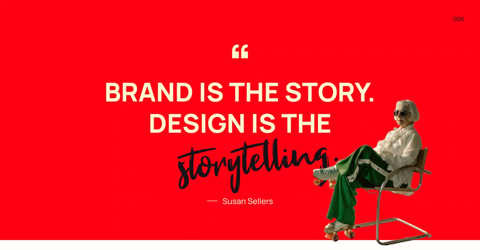 Brand-story section — red colour field, typographic statement and photographic cutout