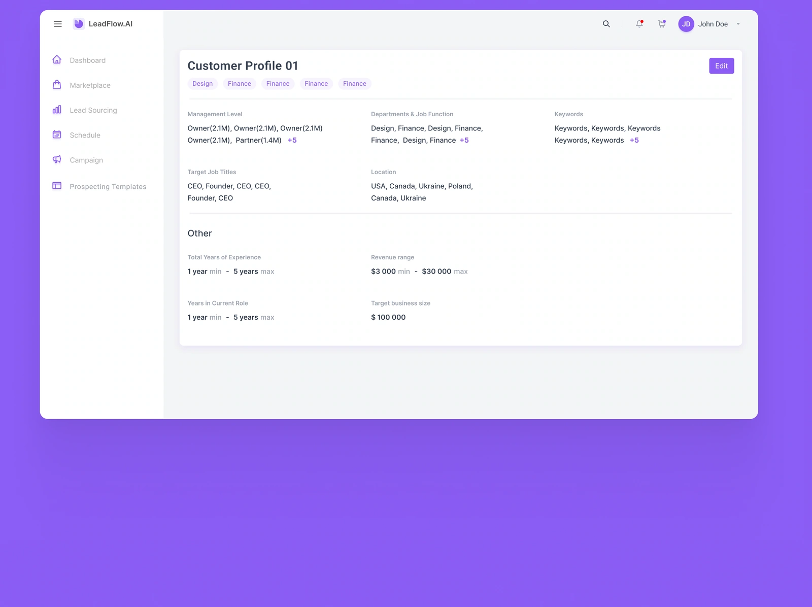 Customer-profile detail — roles, departments, locations and business criteria