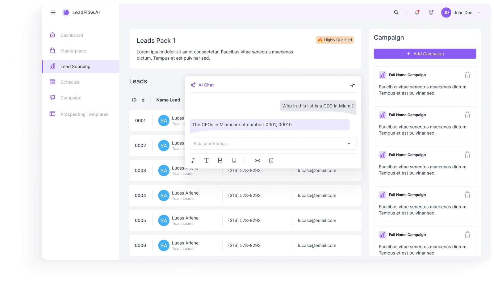 Contextual AI chat — a question about the contacts, alongside the lead list