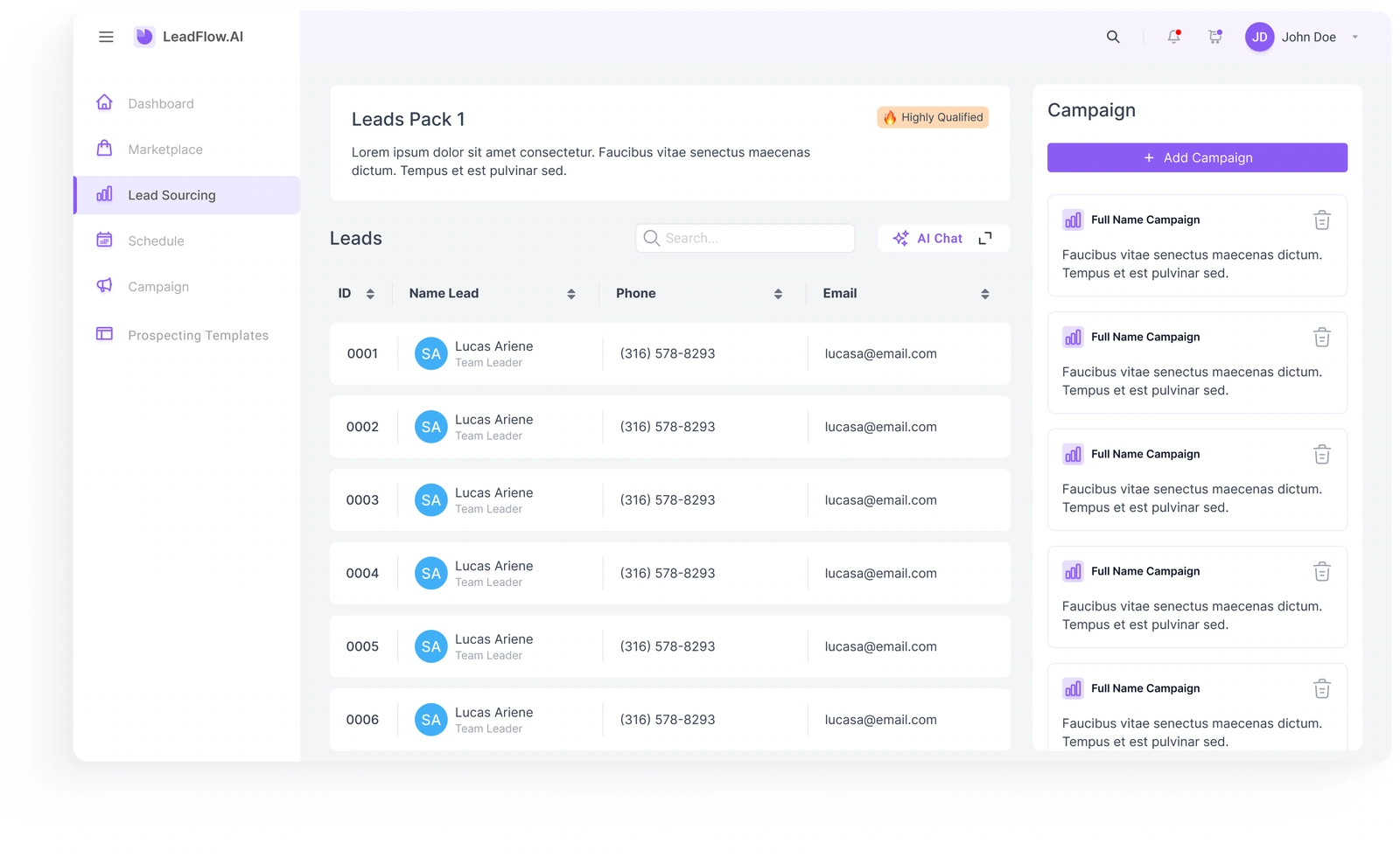 Lead-pack records — searchable contacts and linked campaign cards