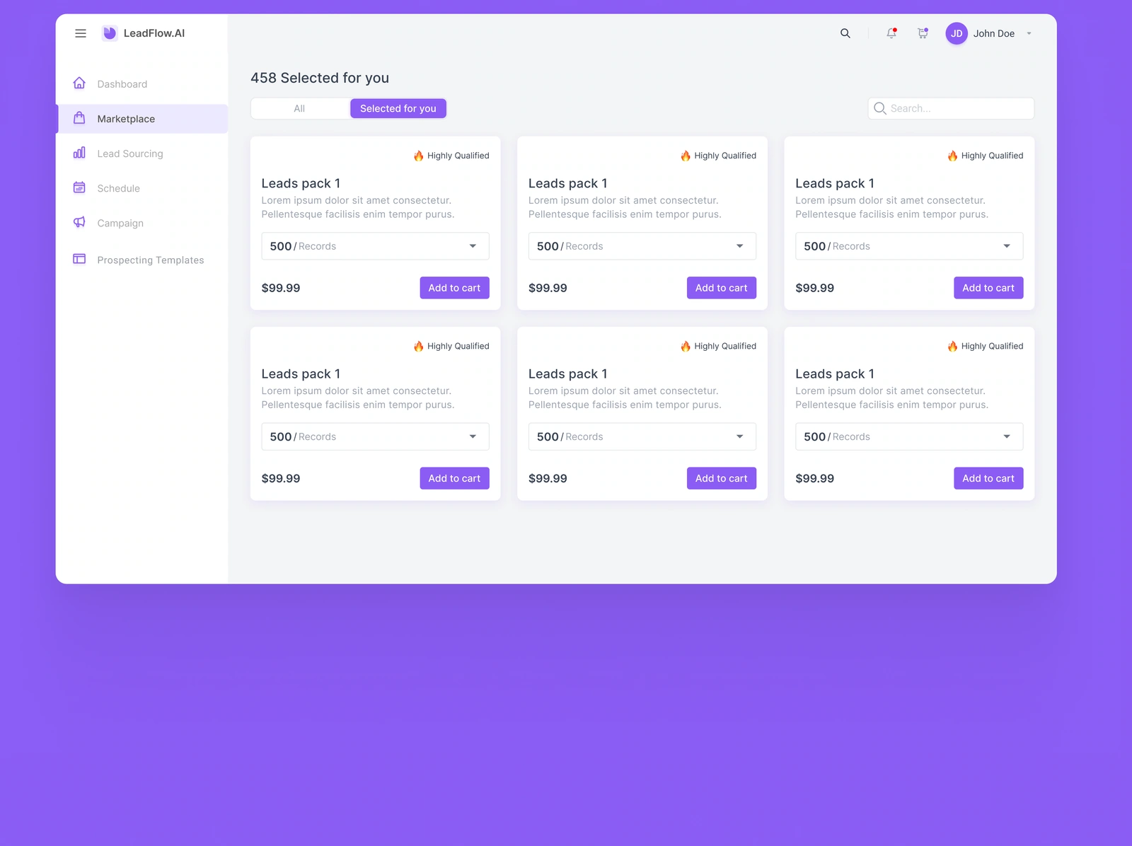 Lead marketplace — catalogue cards, record quantities, prices and selection actions