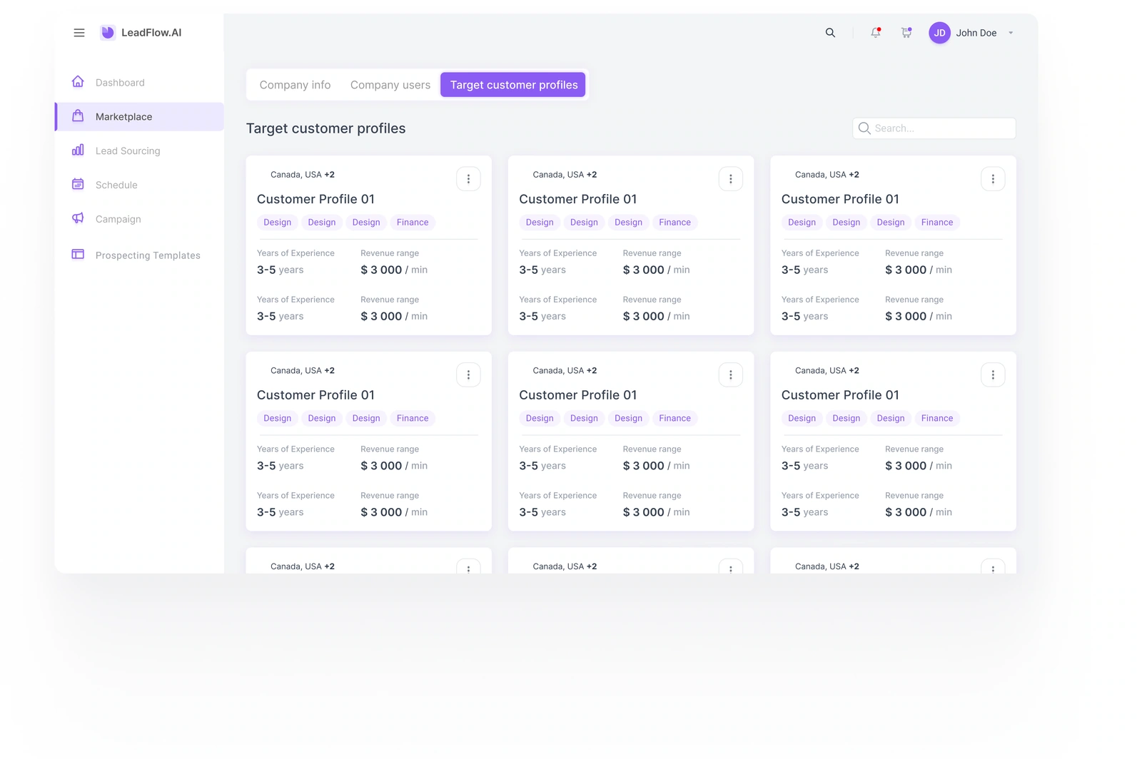 Target-customer profiles — audience cards, criteria tags and search