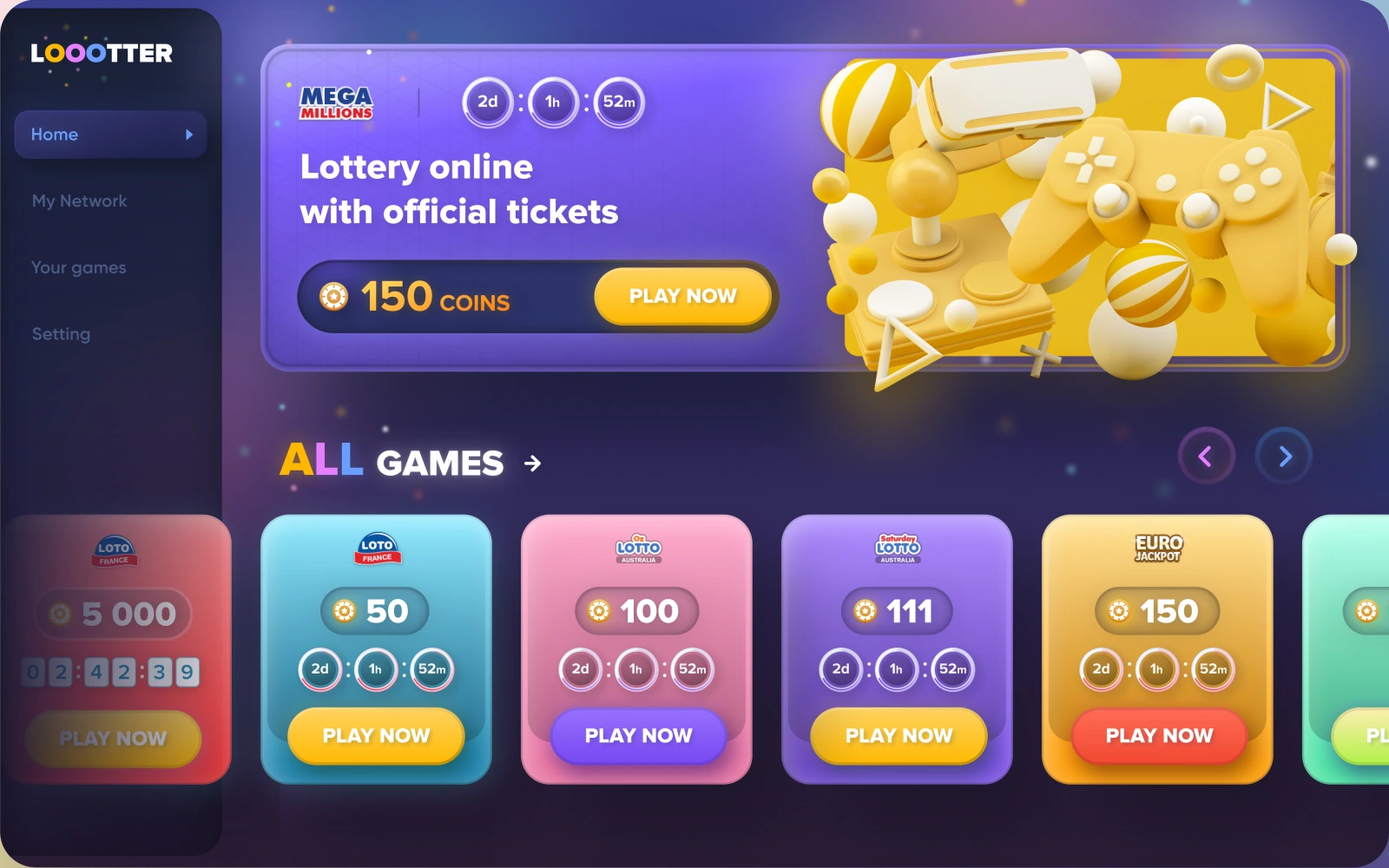 Lottery catalogue — branded navigation, promotional banner and game cards