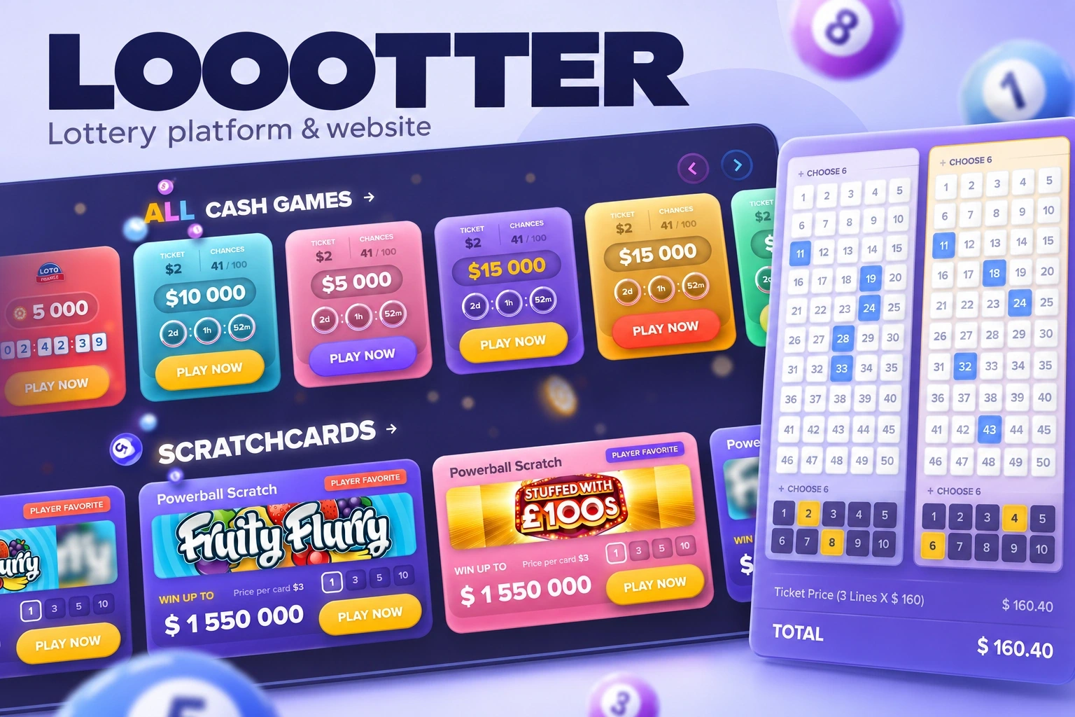 LOOOTTER lottery catalogue and number-selection ticket on a pale lavender background