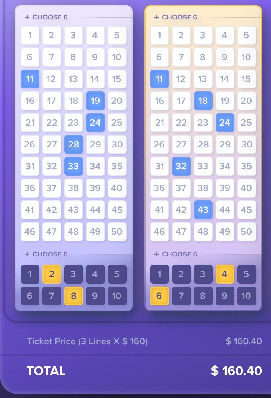 Ticket selection — number states, active line and price summary