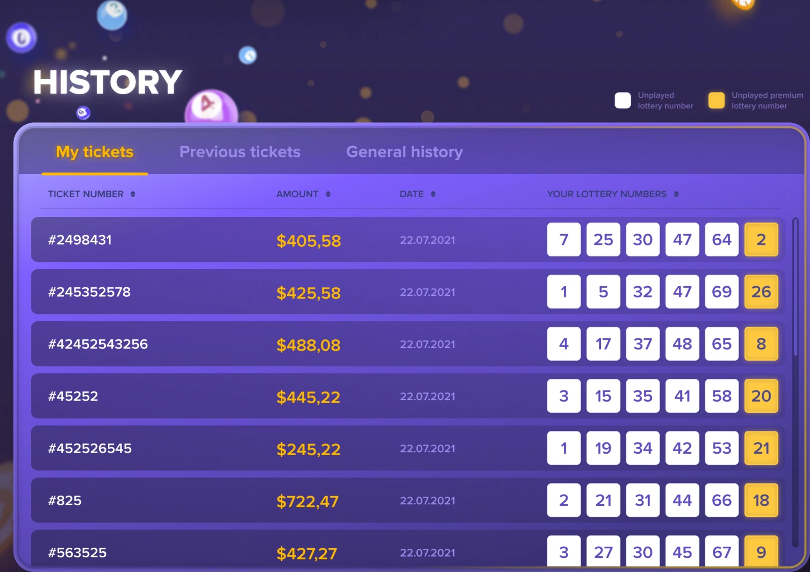 Ticket history — tabs, record rows and lottery number sets