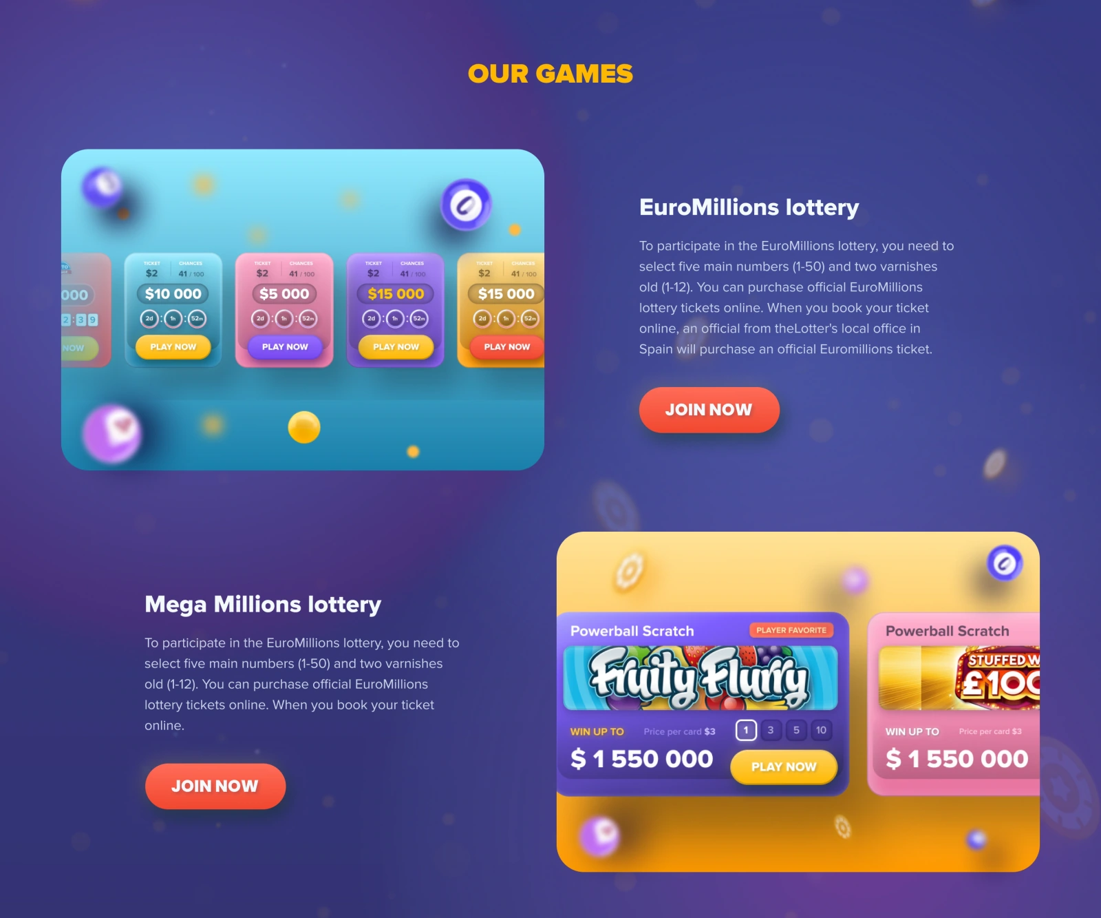 Product website — lottery and scratchcard introductions with interface previews