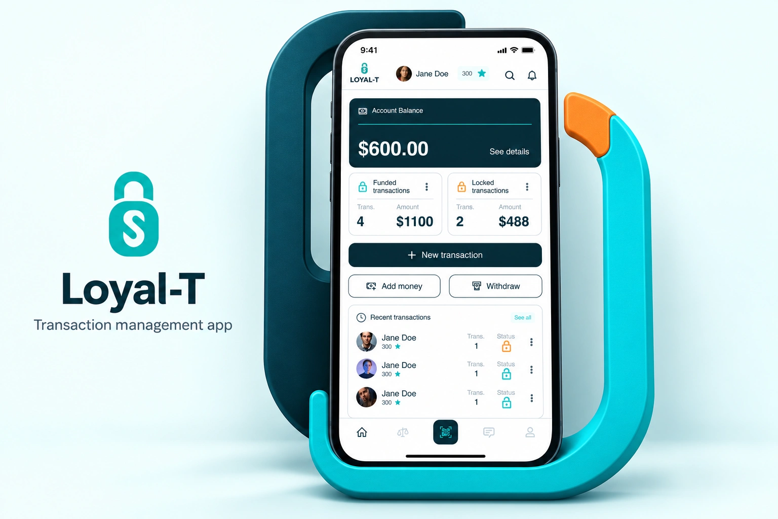 Loyal-T — transaction-management app design, with a clear account overview framed by interlocking petrol-blue and cyan open-clasp geometry and an orange status accent