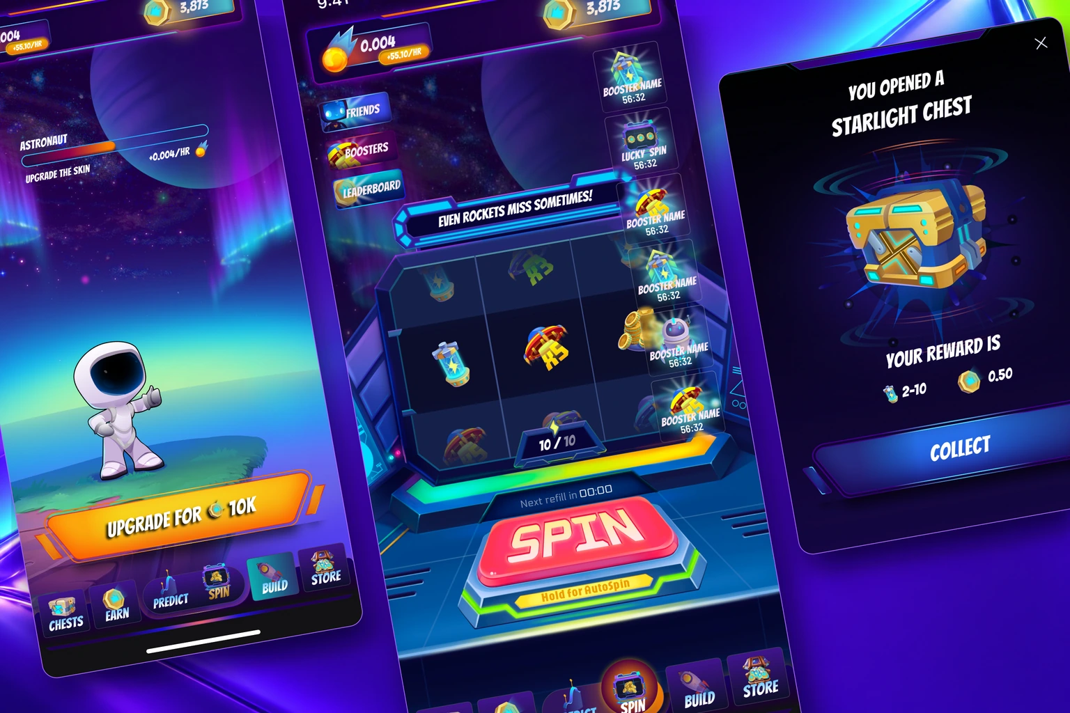 LuckyRocket character progression, main game and chest reward in a diagonal interface composition