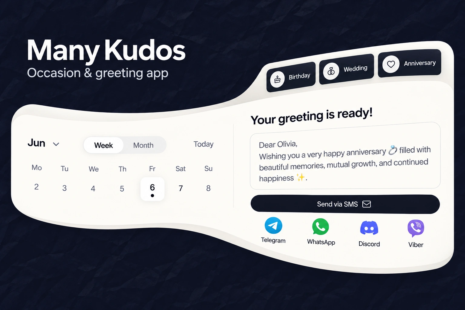 Many Kudos — occasion and greeting app design, with a selected calendar date and a greeting-review panel connected by a flowing ivory interface band on a midnight-navy background