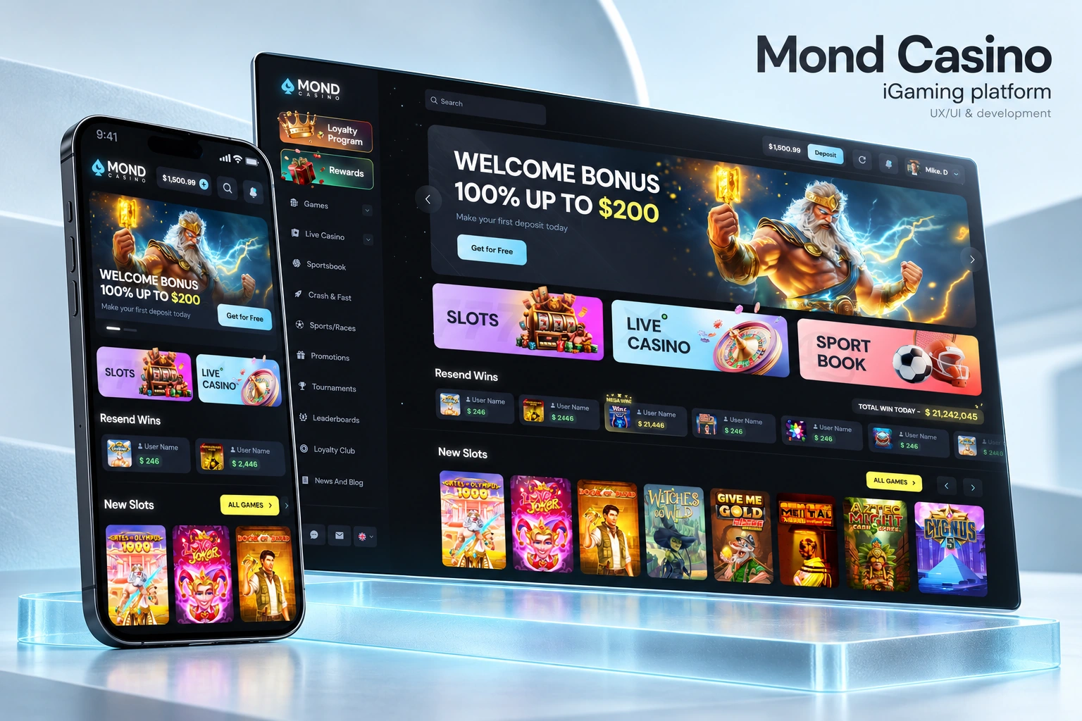 Mond Casino — desktop and mobile iGaming platform interfaces on an ice-blue architectural backdrop