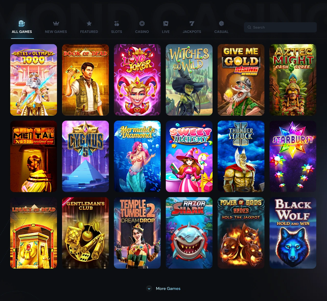 Catalogue — category controls and image-led game grid