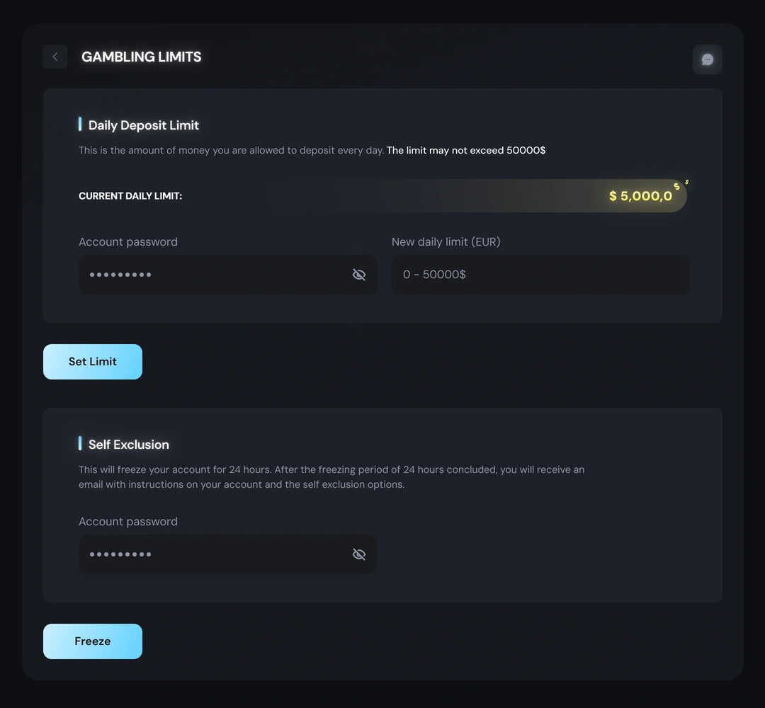 Account controls — limit-setting and self-exclusion form layout