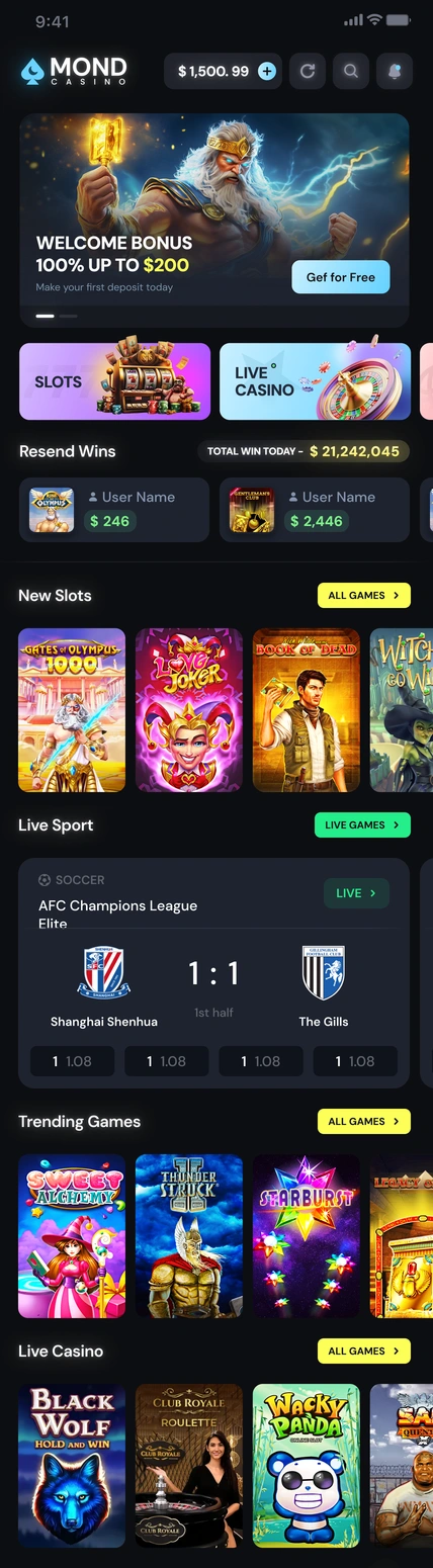 Mobile home — navigation, featured content and game collections