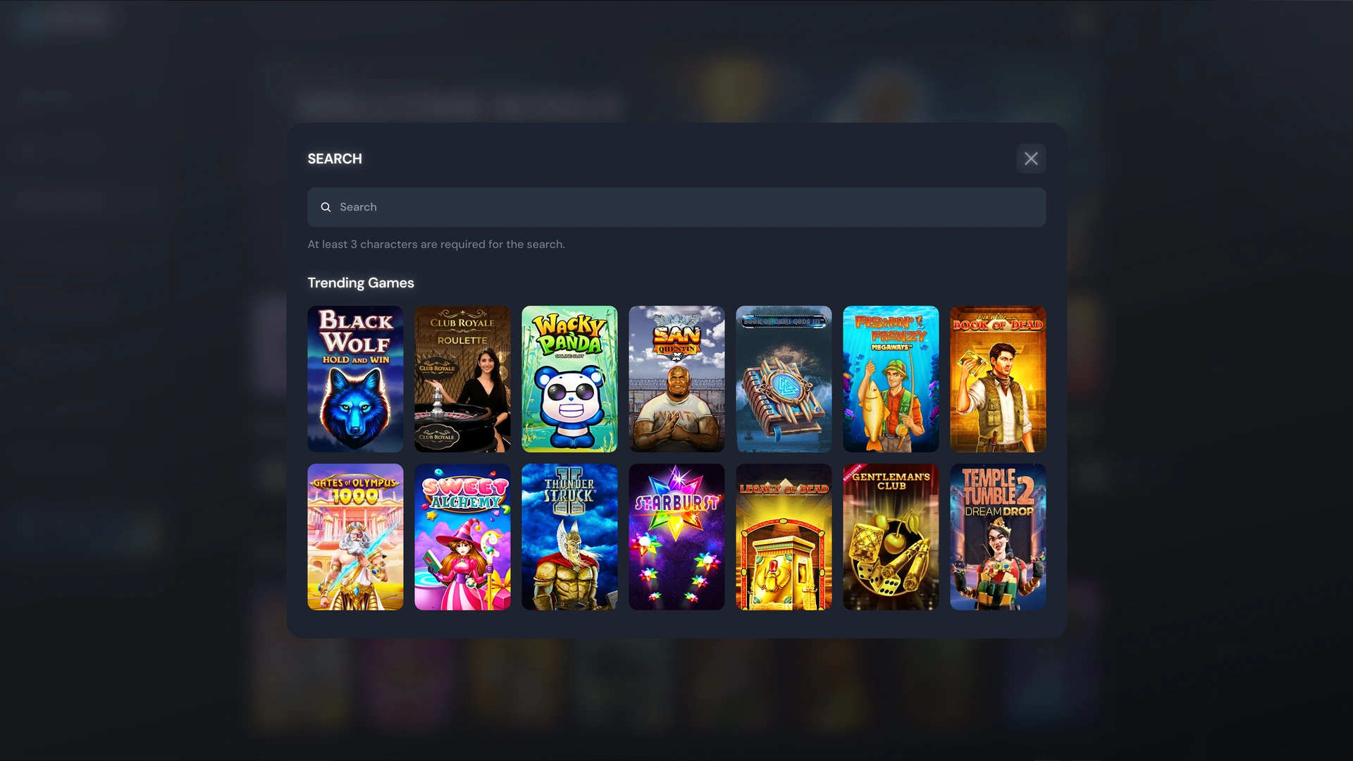 Search — focused input and discovery results over a blurred backdrop