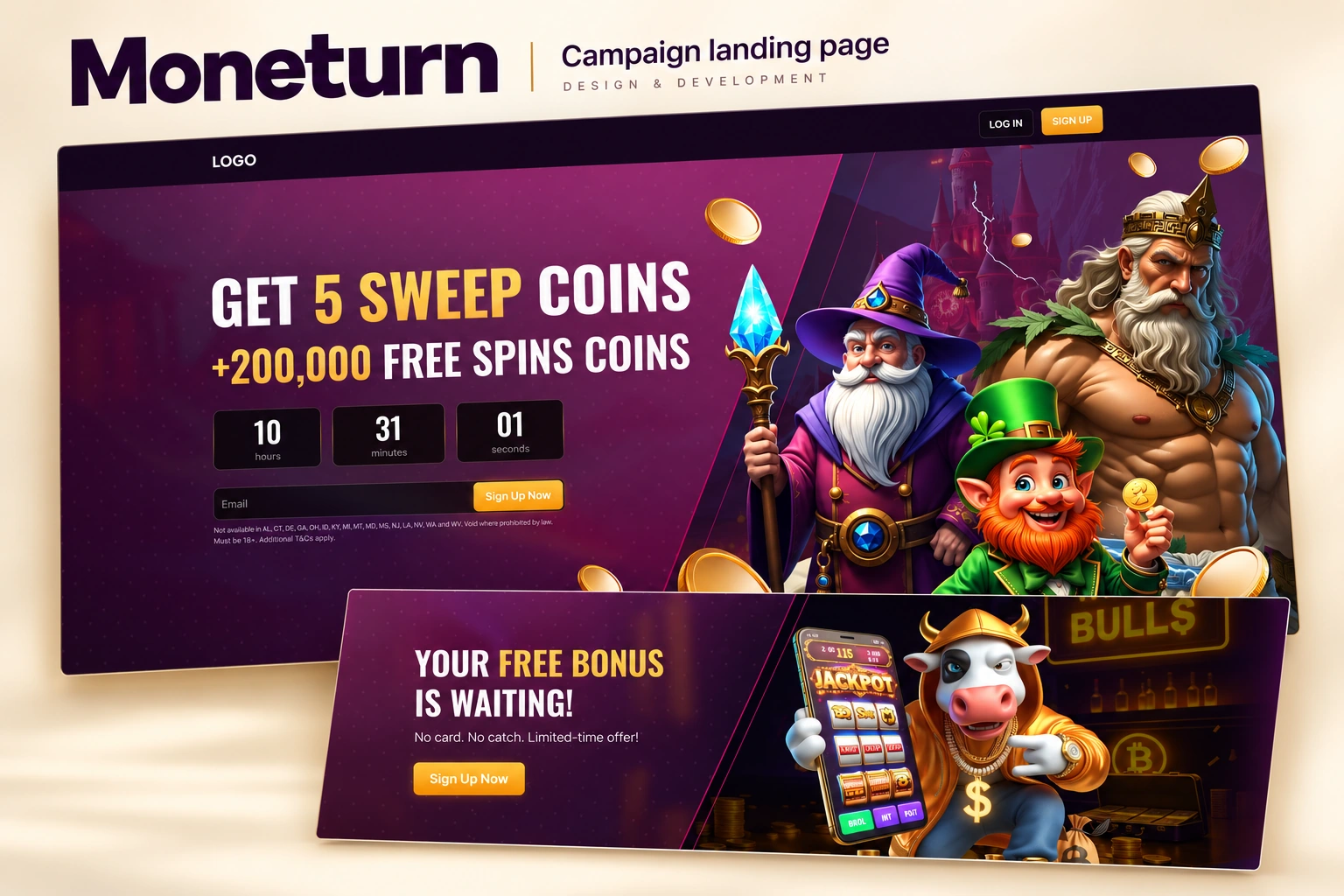 Moneturn purple campaign landing page and call-to-action section on a champagne background