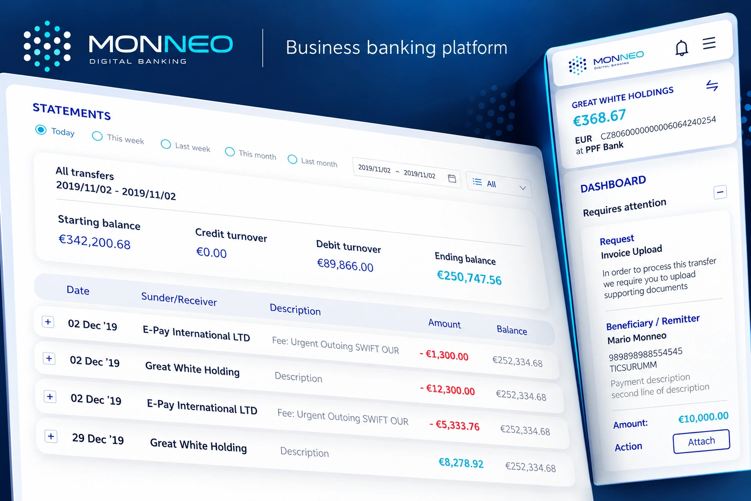 Monneo — business banking platform, with an enlarged statement and transaction ledger beside a mobile account workspace in a folded navy-and-cyan composition
