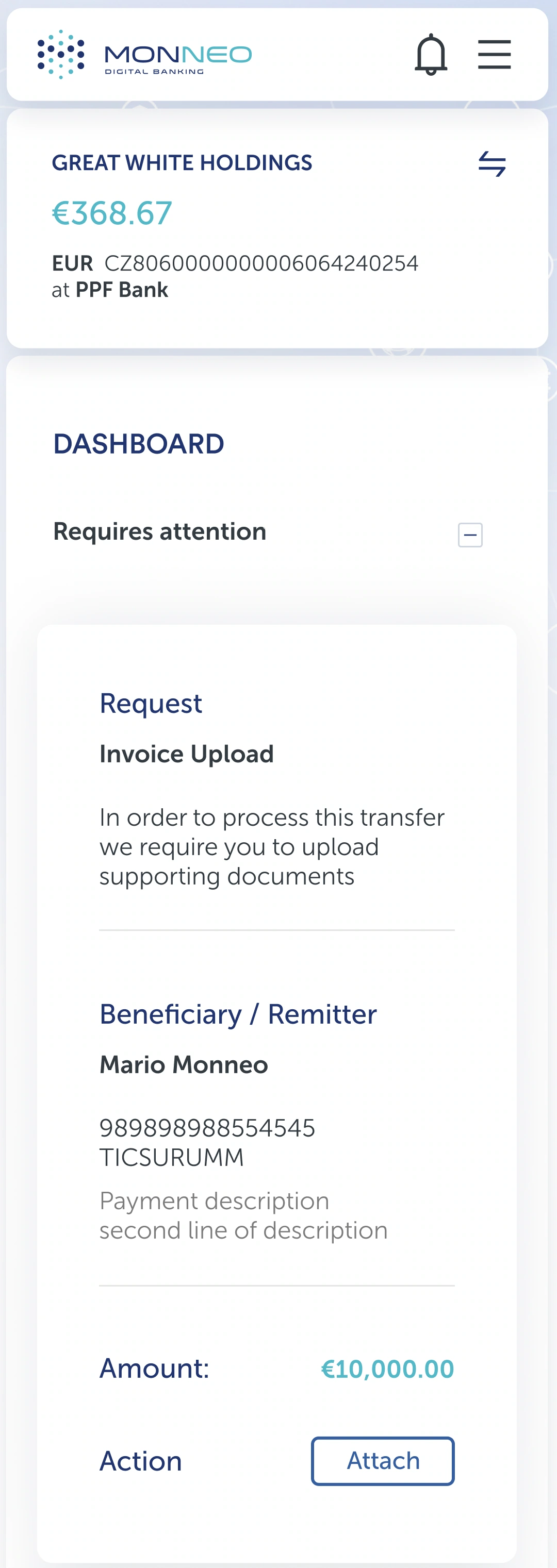Mobile dashboard — account header and attention request