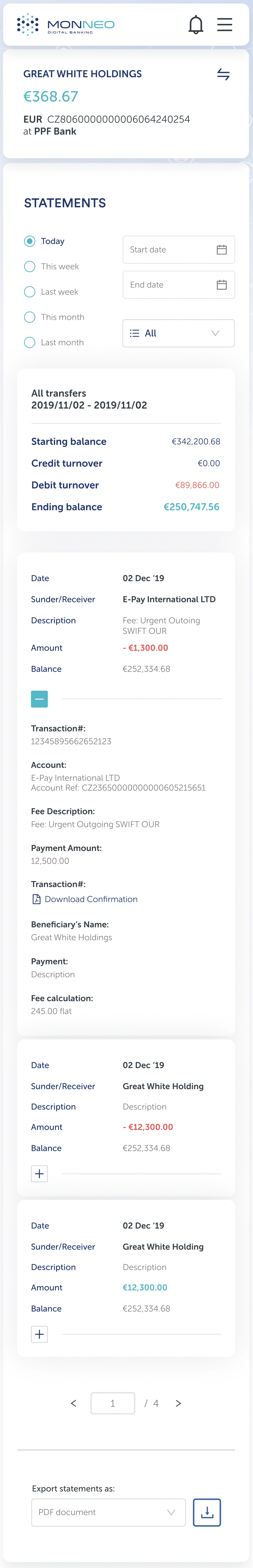Mobile statements — filters, transaction details and export controls