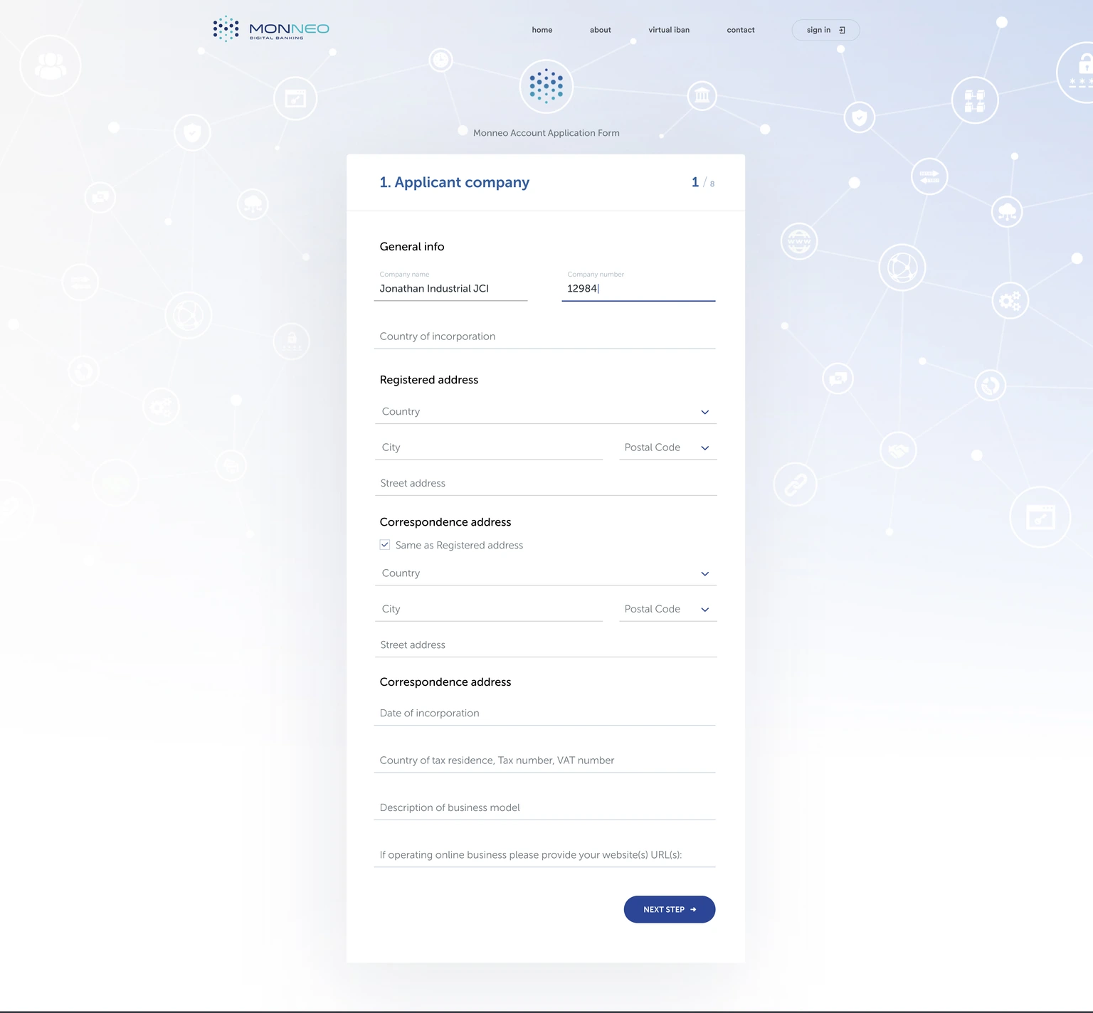 Account application — company details, addresses and step progress
