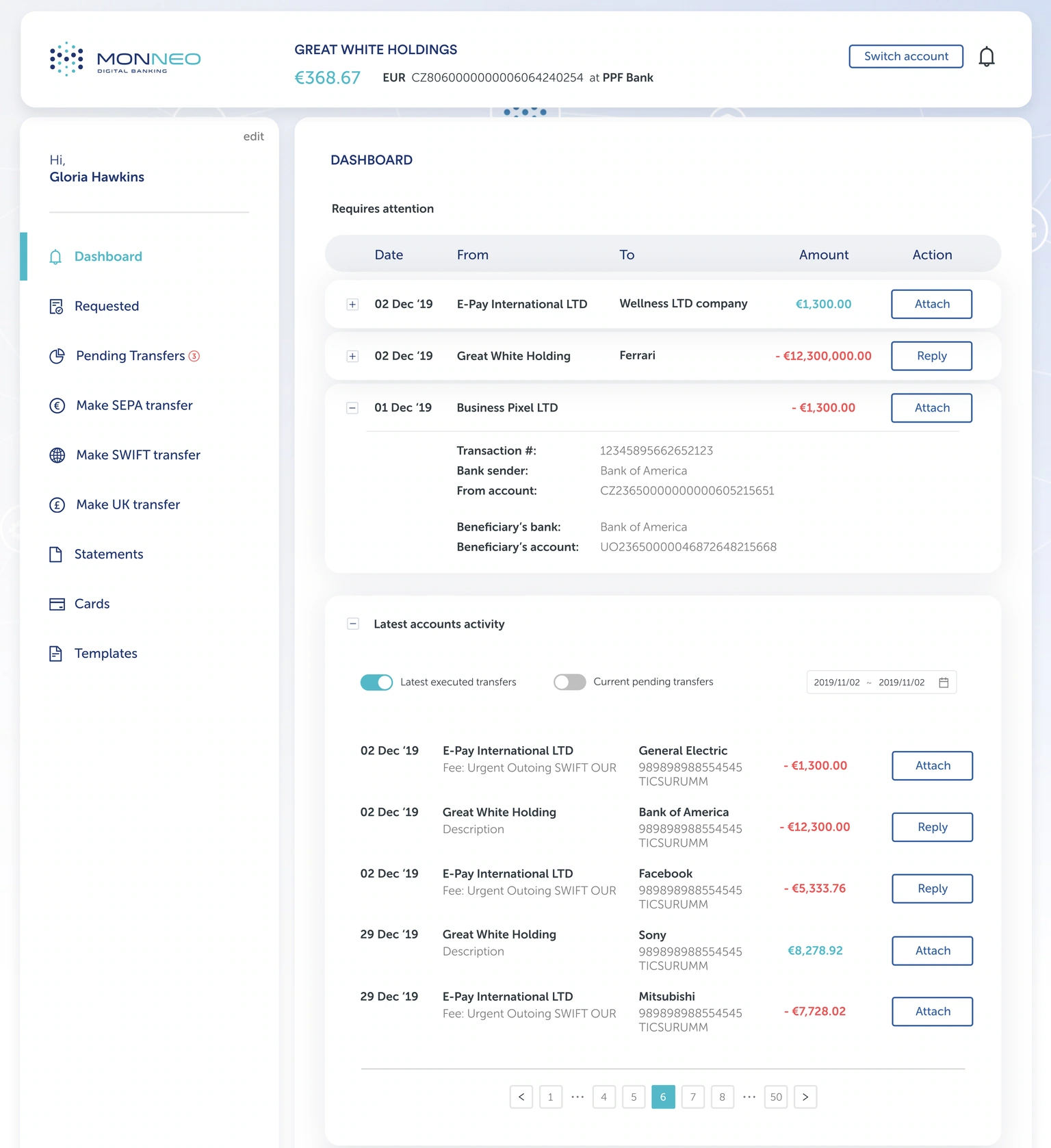 Dashboard — account header, attention requests and recent activity