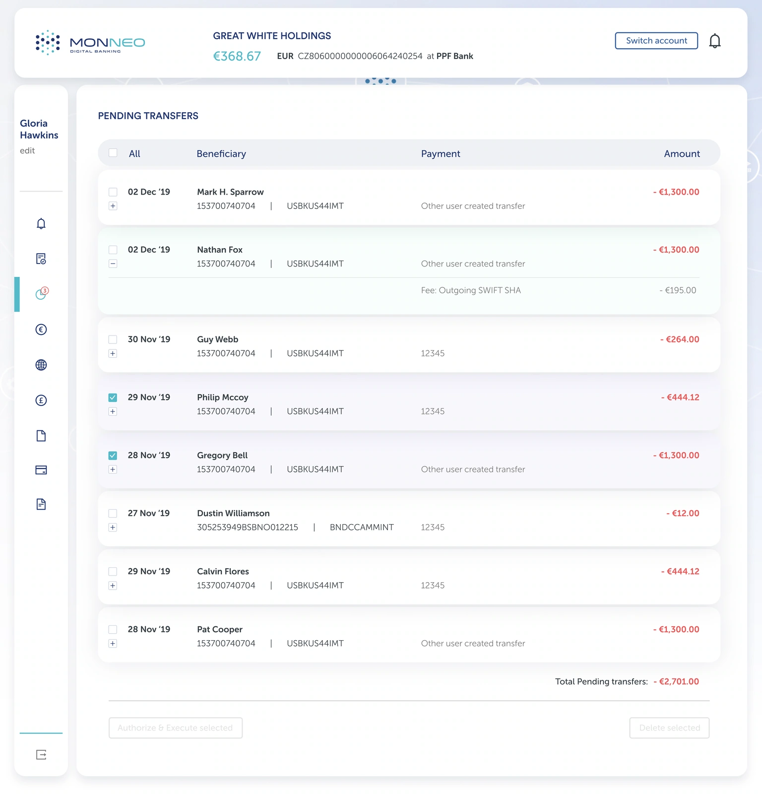Pending transfers — selected records, beneficiary details and batch actions
