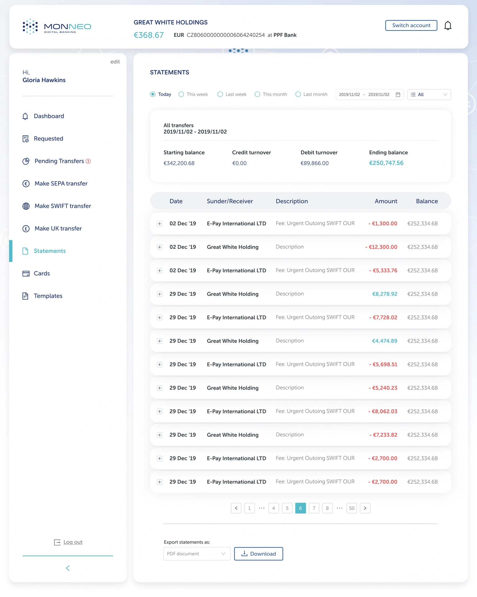 Statements — date filters, balance summary and expanded transaction records