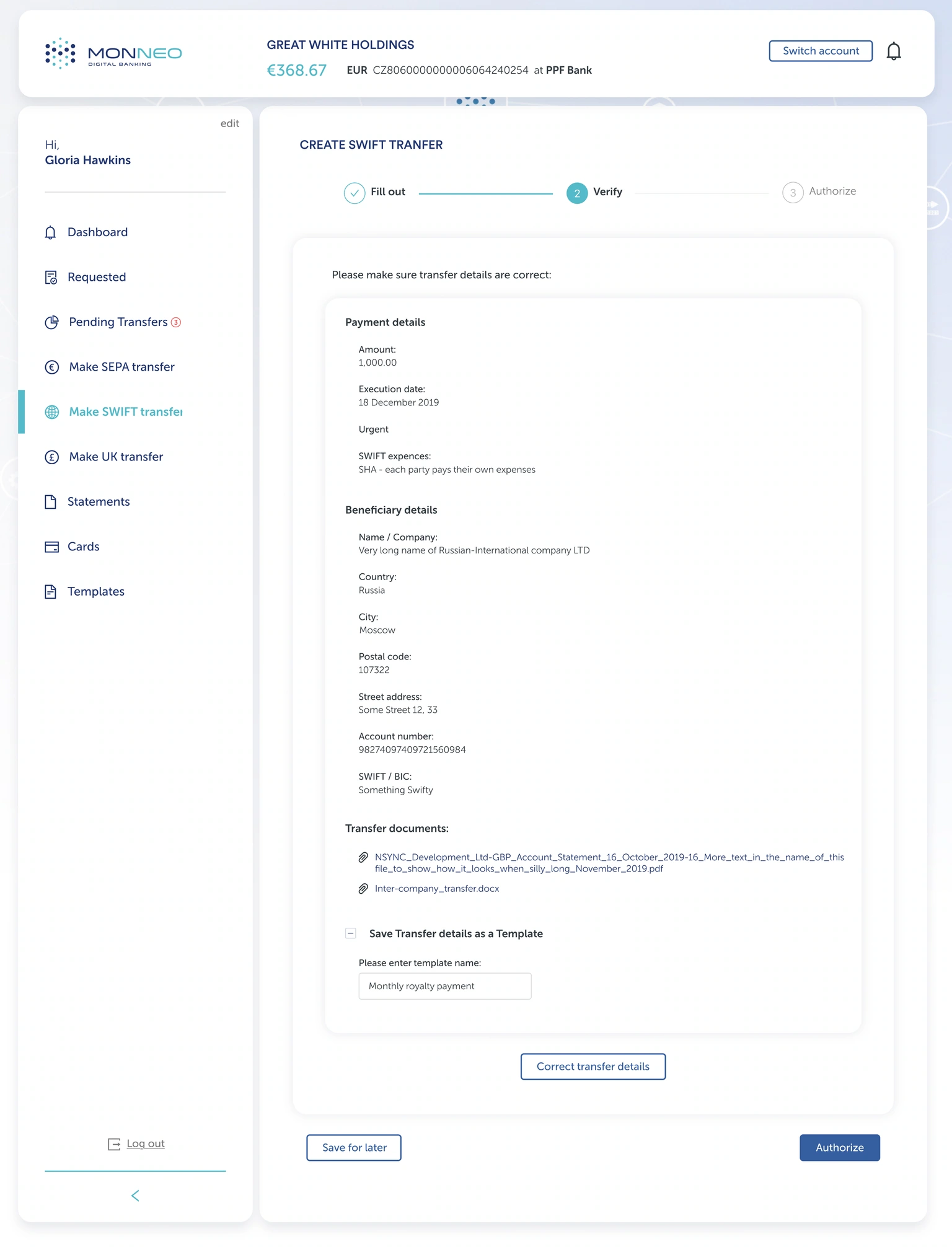 SWIFT transfer — review stage with payment, beneficiary and document sections