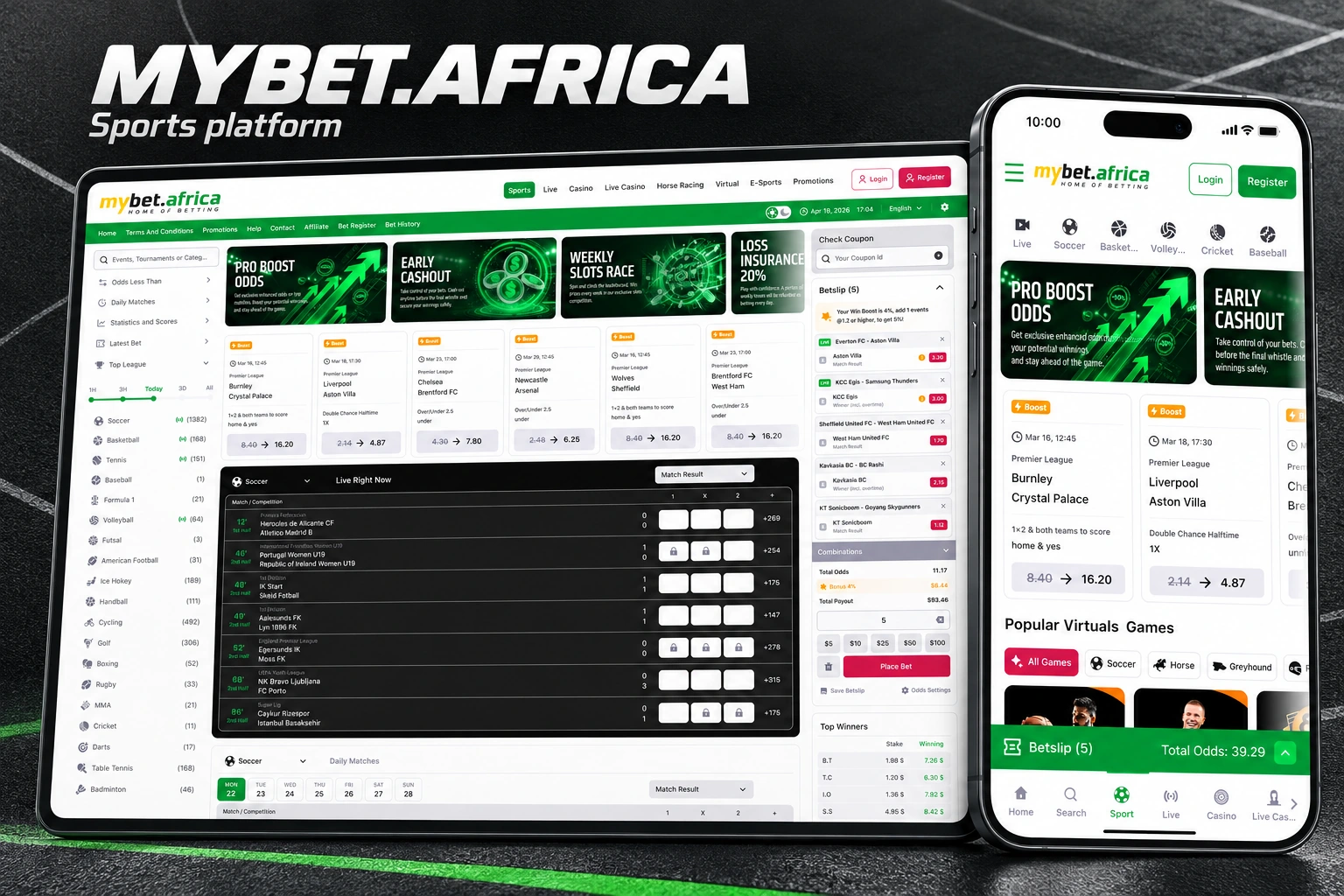 MYBET.AFRICA — sports platform, showing desktop match discovery and mobile sports navigation on a charcoal background