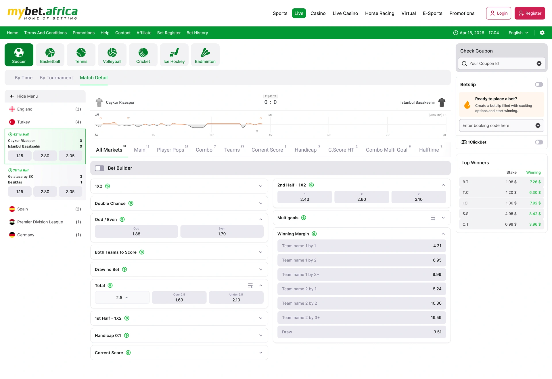 Live event — match context, market groups and persistent coupon area